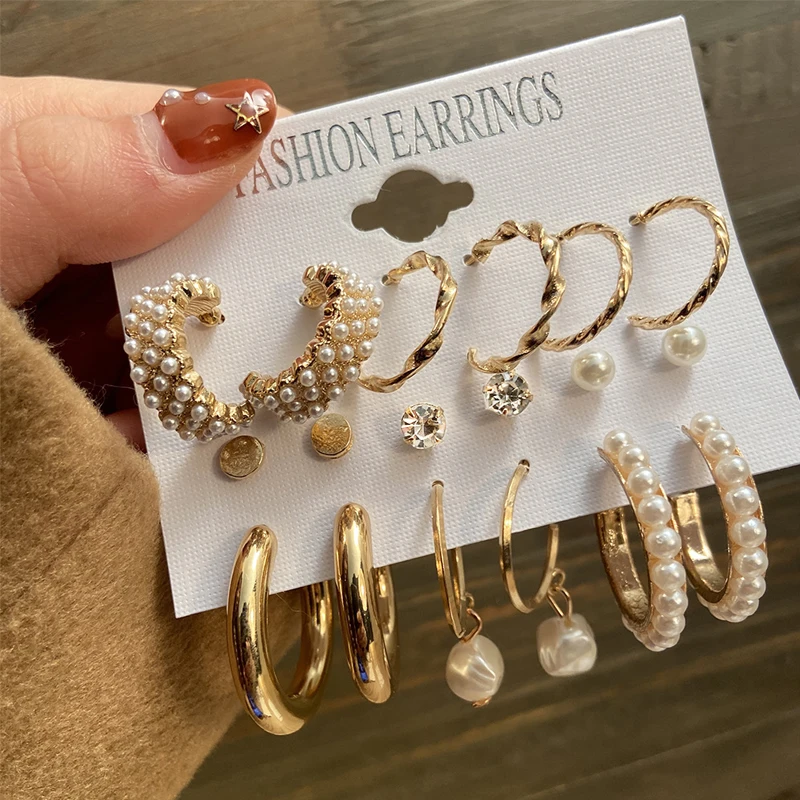 New Gold Color Big Circle Hoop Earring Set for Women Fashion Bohemia Vintage Pearl Earring Heart Zircon Ear Studs Jewelry Gifts