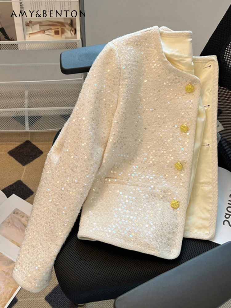 French Style Temperament High-Grade Sequined Single Breasted Short Jackets Spring New Loose Slim Round Neck Fashion Elegant Coat