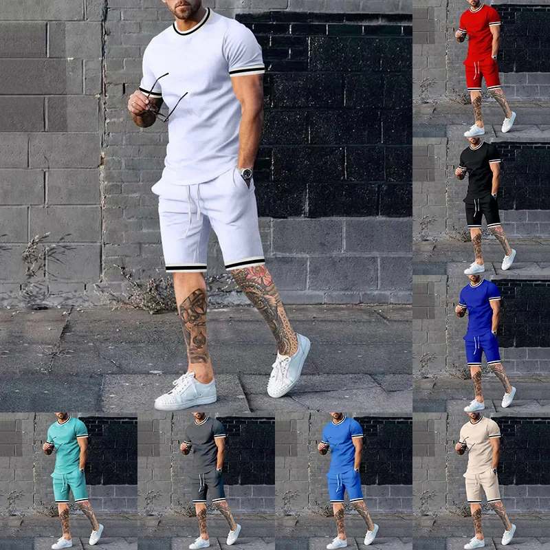 

Men's Summer Solid Color Short Sleeve Shorts Set