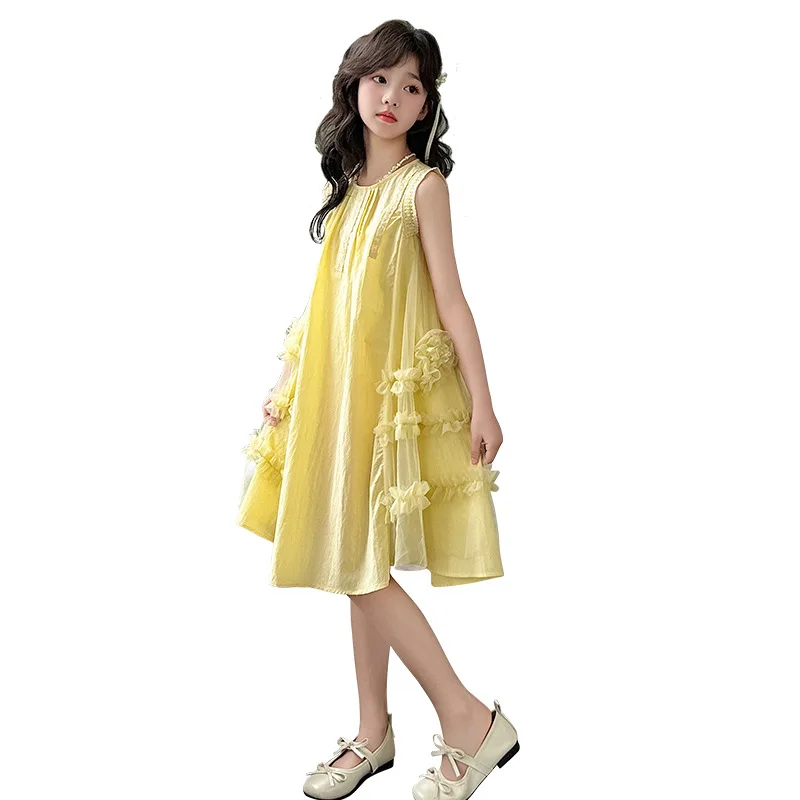 Sweet Girls Dress Summer New Children Loose Mesh Patchwork Princess Dress Birthday Wedding Party Teen Kids Clothes