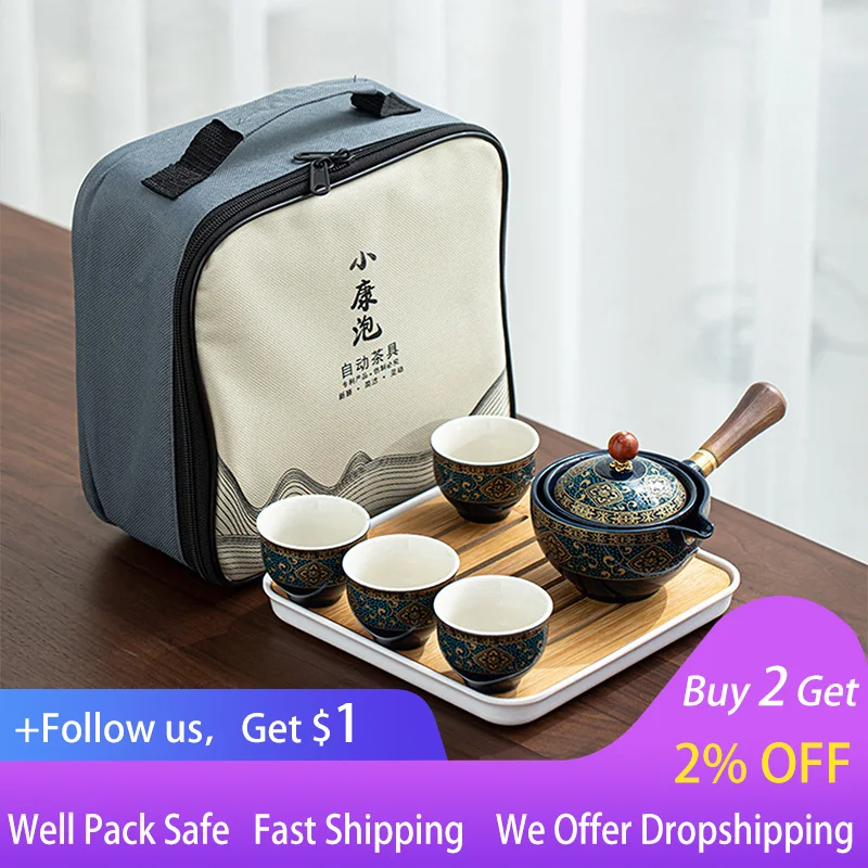 Porcelain Chinese Gongfu Tea Set Portable Teapot Set with 360 Rotation Tea Maker and Infuser Portable All in One Gift Bag