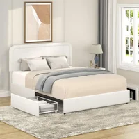 Bed with Storage,Queen Size Platform Bed Frame with 2 Drawers,Curved Stitched Tufted Headboard, Wooden Slat Mattress Support 1