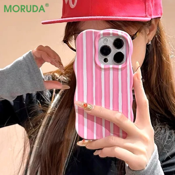 Fashionable Glossy Striped Phone Case with Wave Edge Design