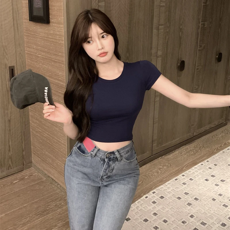 Szexi póló női nyári vékony póló női, egyszínű, rövid ujjú koreai Kpop vékony O-nyakú póló női ruhák Top943_voghion.com