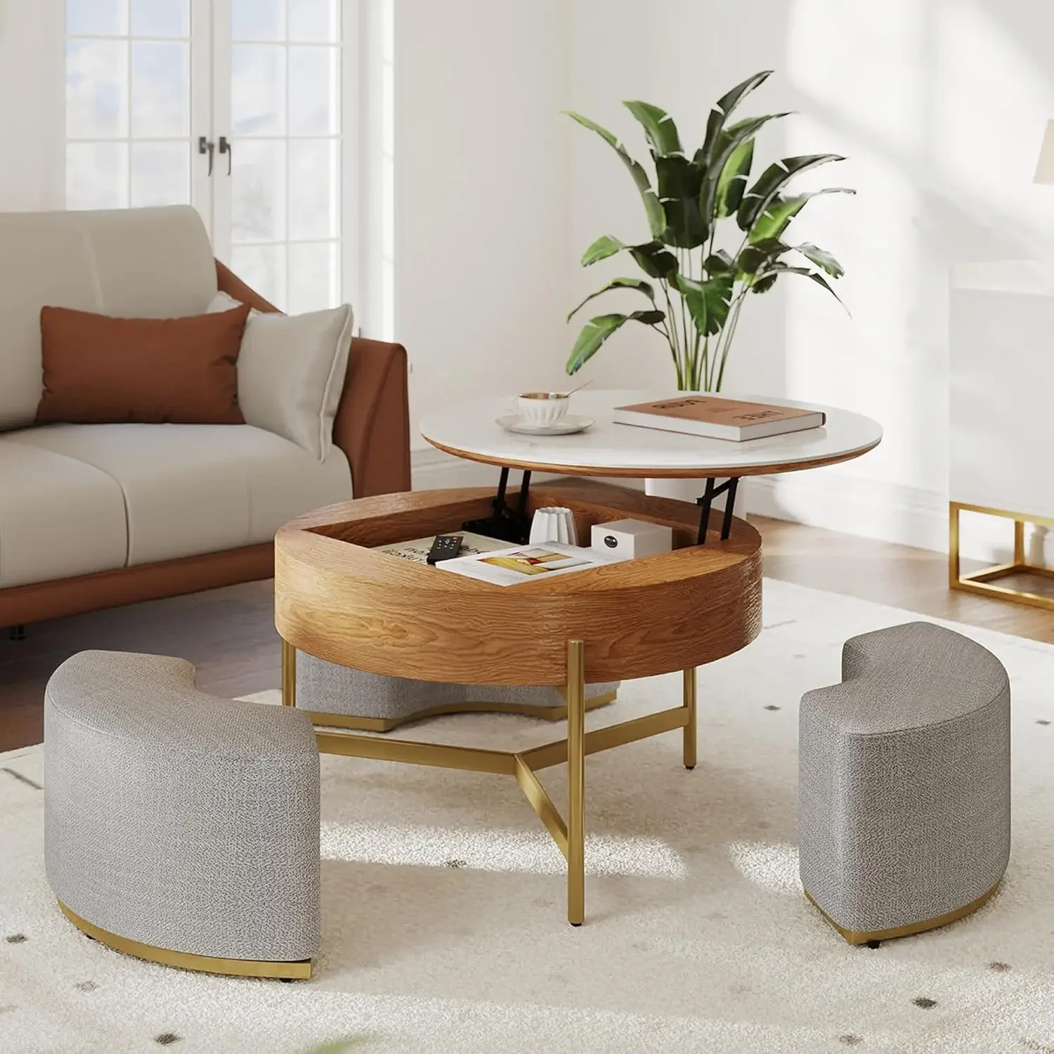 DWVO 32" L Round Marbling Pattern Slate Coffee Table with Storage 3 Stools Wood Rustic Boho Lift Top Coffee Table Set for Living