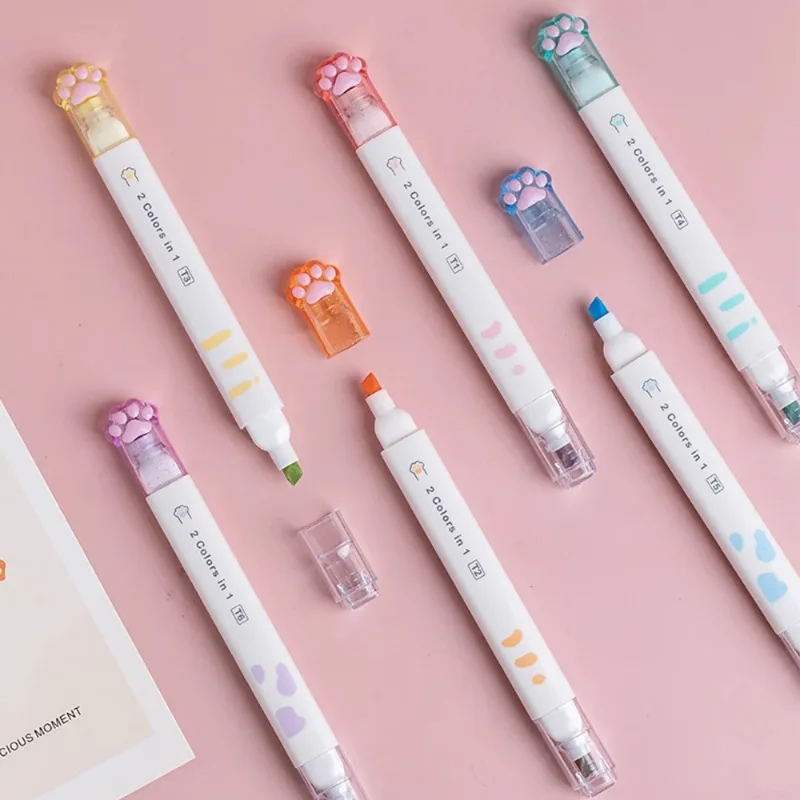 Highlighter Marker Art Marker Marker Pen 6pcs Kawaii Cat Claw Highlighters Double Head 12 Color Fluorescent Art Markers Korean Stationery Cute School Office Supplies
