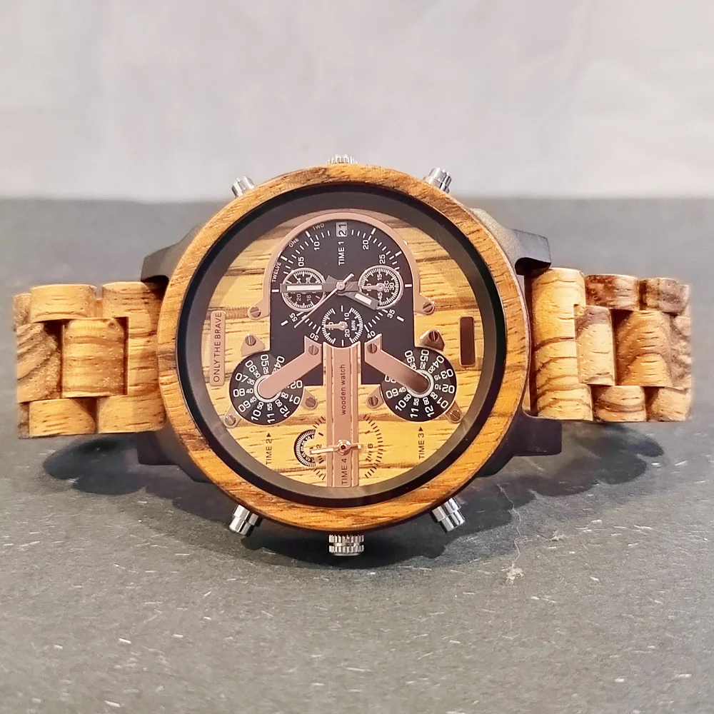 

Men's Wood Watch Big Dial Dual Time Zone Fashion Natural Zebrawood Quartz Wristwatches Timepiece Wooden Wrist Watches for Men