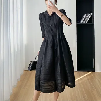 Miyake Pleated Dress Women 2023 Elegant Slim Summer New Casual Mid-length Dresses Women Clothing 1