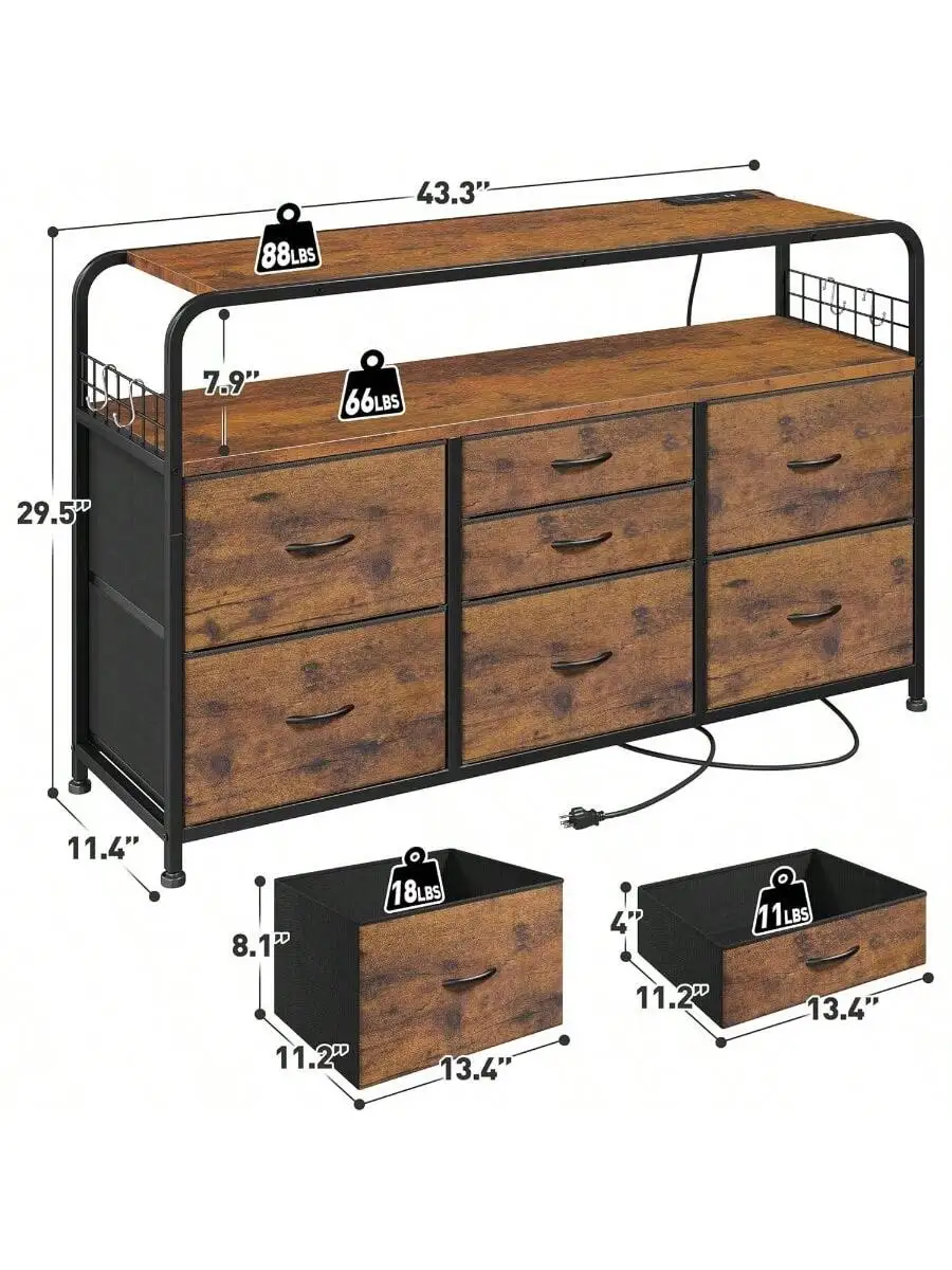 Dresser for Bedroom with LED Lights and Charging Station 7 Drawer Dresser with Open Shelf Fabric Bedroom Dressers and Ch 2