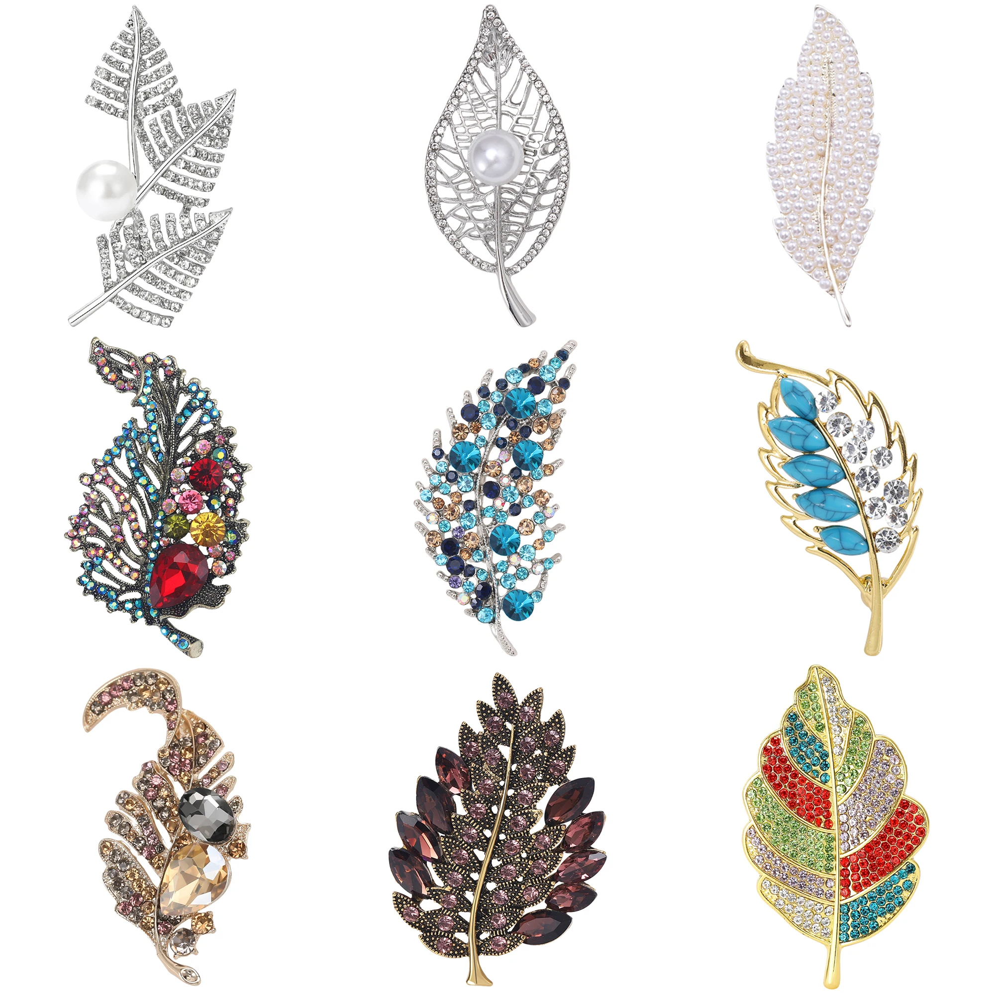 Collection of leaf-shaped jewelry pieces with various designs and colors on a white background.