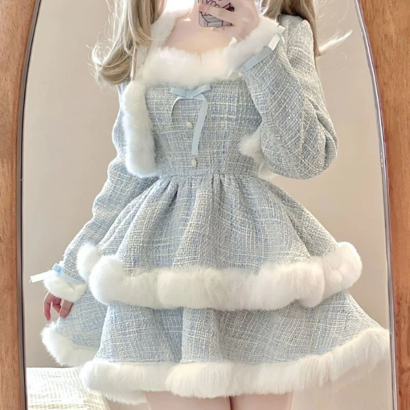 Korean Style Elegant Tweed Plaid Dress Sets Women Plush Patchwork Short Woolen Jackets Sexy Bow Mini Skirt Japanese Fashion Suit 2