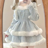 Korean Style Elegant Tweed Plaid Dress Sets Women Plush Patchwork Short Woolen Jackets Sexy Bow Mini Skirt Japanese Fashion Suit 2