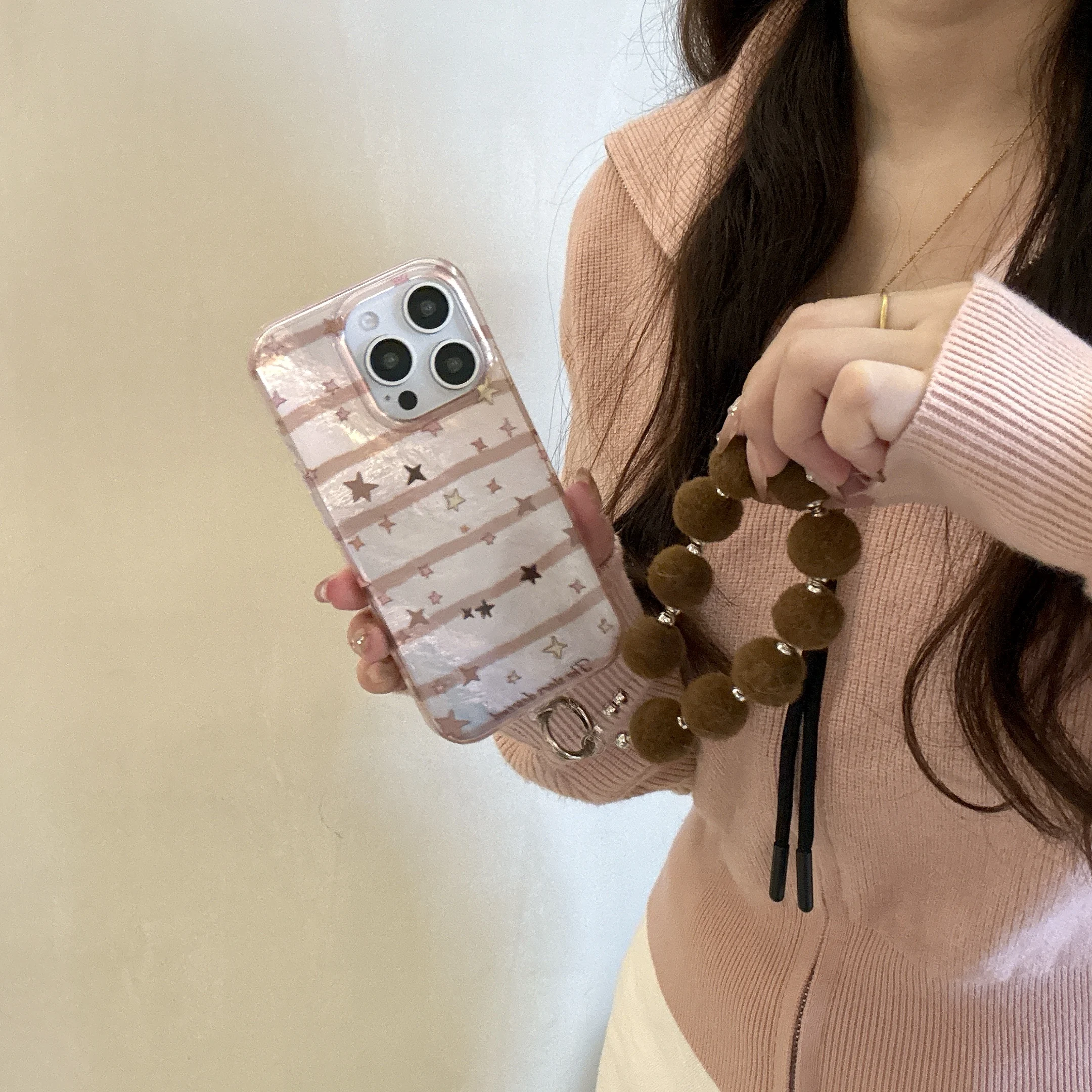 Korea Simple Striped Colourful Stars Lanyard Phone Case for iPhone 16 15 14 13 Pro Max Back Cover Funda