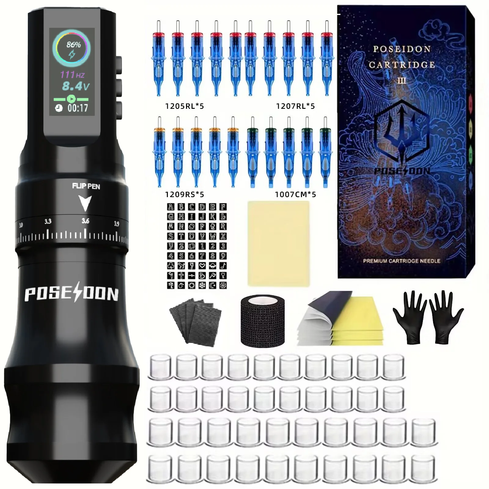 Tattoo Kit POSEIDON High Quality Tattoo Pen Kit For Permanent Makeup Tattoo Machine New Cool Tattoo Power Supply Tattoo Gun Kit 2