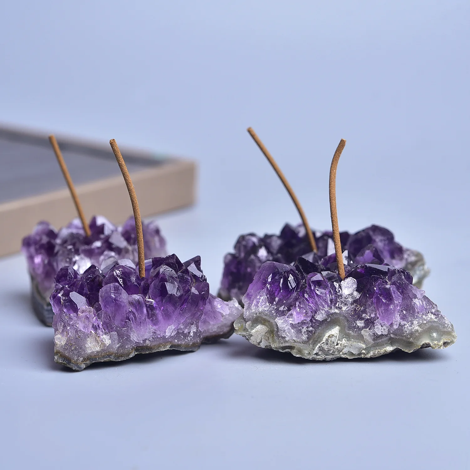 Natural Amethyst Cluster Incense Holder Ornament Irregular Rock Purple Crystal Quartz Healing Stones Incense Burner Buddha Decor