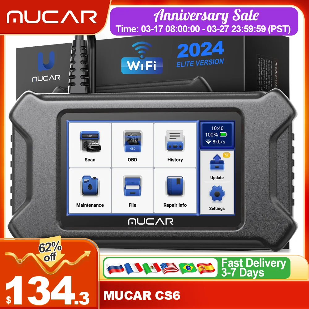 

Mucar CS6 OBD2 Scanner Car Diagnostic Tool with 6 System Scan 7 Reset Service Free Update ABS SRS Engine EPB SAS TBA Reset Tool