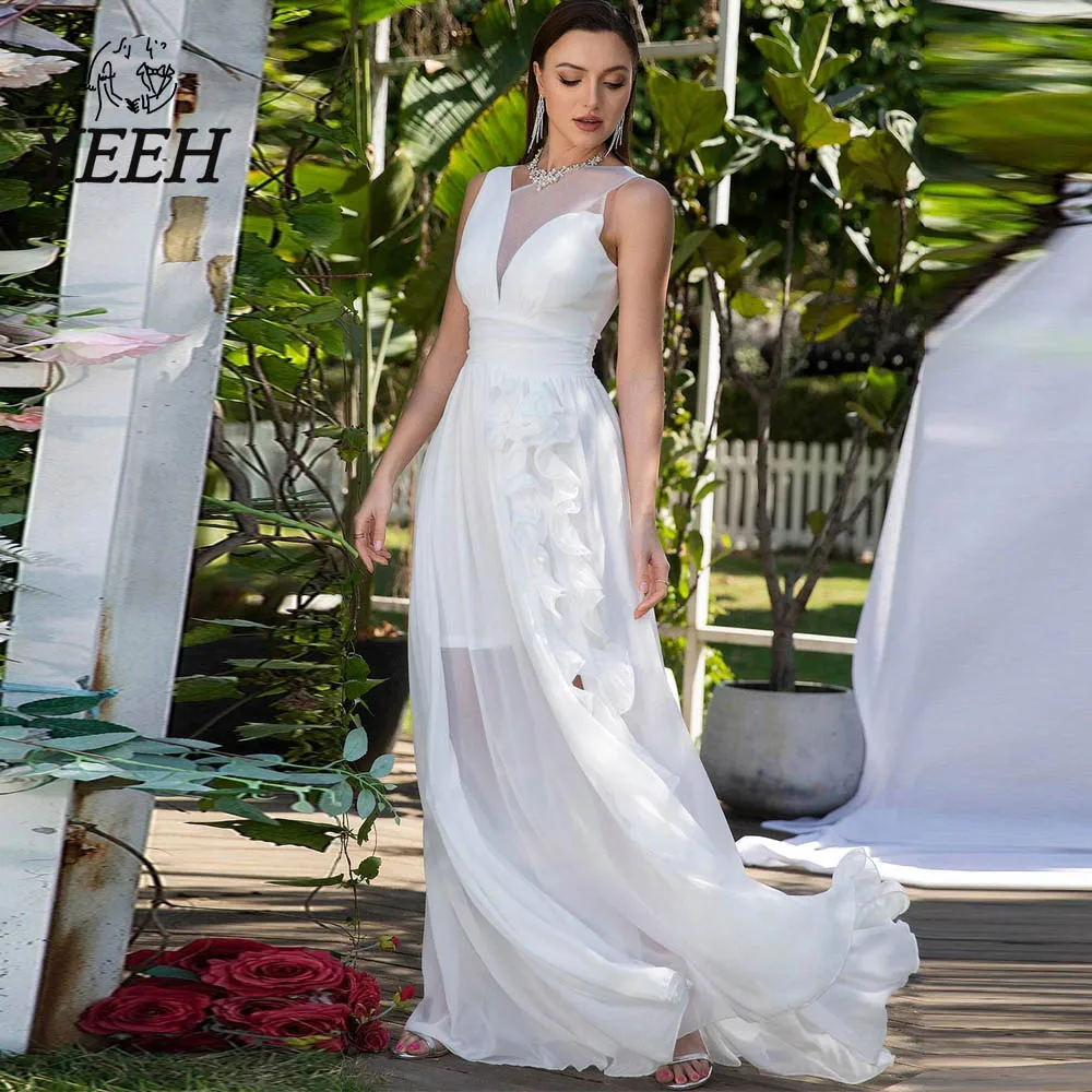

YEEH Sexy V-Neck Illusion Wedding Dresses Elegant Split Side Ruffles Bridal Gowns Sleeveless A-Line Sweep Train Vestido De Novia