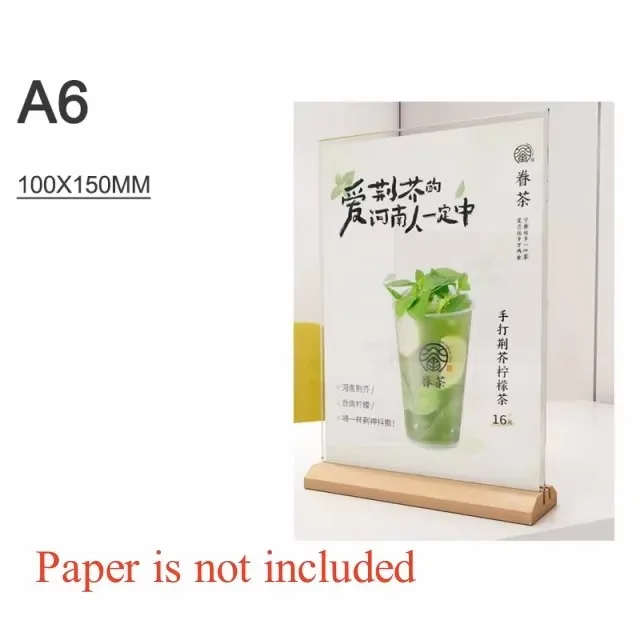 1 יחידה מעמד תצוגה שקוף מאקריליק עם בסיס עץ מסגרת תמונה מעמד פוסטר למסעדות בית משרד חנות