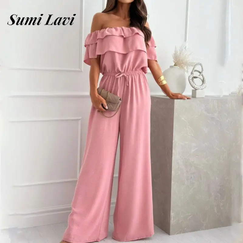 

Elegant Lace-up Waist Long Jumpsuits Women Sexy Slash Neck Draped Playsuit Casual Wide Leg Solid Loose Ruffles Rompers Overalls