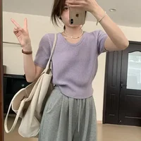 FA614 2024 Summer New Women's Casual U-neck Knitwear Versatile Solid Color Age Reducing Short sleeved Top Temperament T-shirt 2