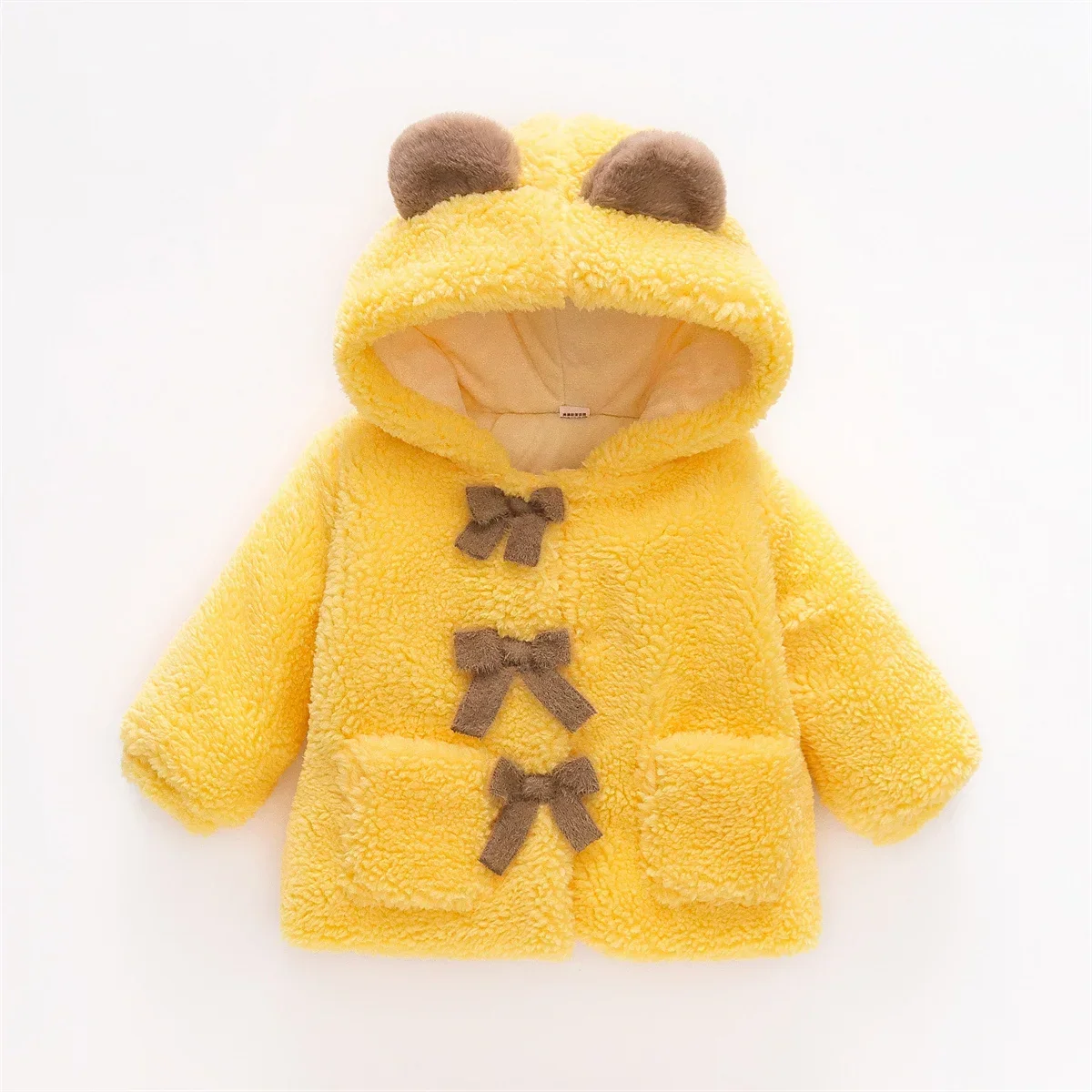 (0-3 Years Old Girls) Winter New Girls' Top Warm Furry Hat Bow Ribbon Warm Cute Hooded Bear Ears Long Sleeve Pocket