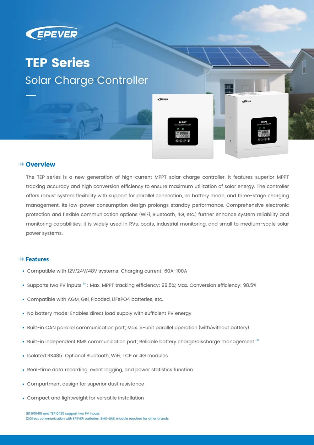 EPEVER 100A High-current MPPT Solarcharge Controller TEP10415 TEP10425 12/24/48V
