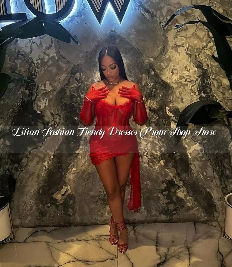 Red Lace Corset Cocktail Evening Dresses with Gloves Sweetheart Boning Birthday Party Gown vestidos de gala mujer Customised