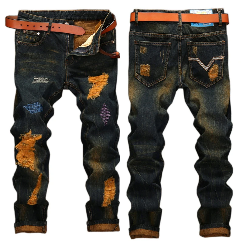 Men Ruined Denim Jeans Hole Trousers Ripped Large Size Straight Hip Hop High Street Fashion Male Pants men jeans,ripped jeans,ripped patchwork jeans