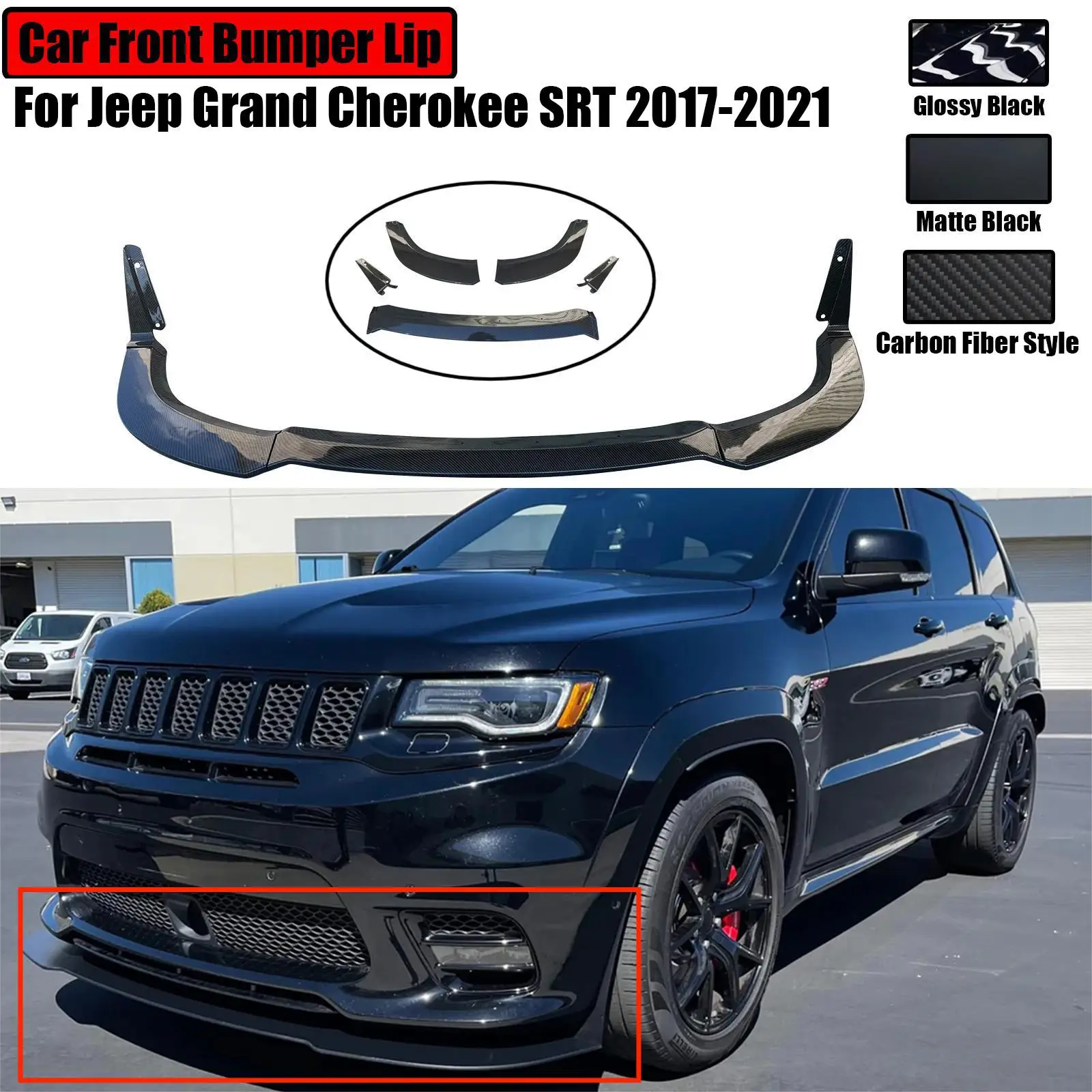 

Автомобильный передний бампер, губа для Jeep Grand Cherokee SRT 2017-2021, раздвижная АРКА, крыло из углеродного волокна, стиль глянцевый черный, 5 шт. 2020 2019