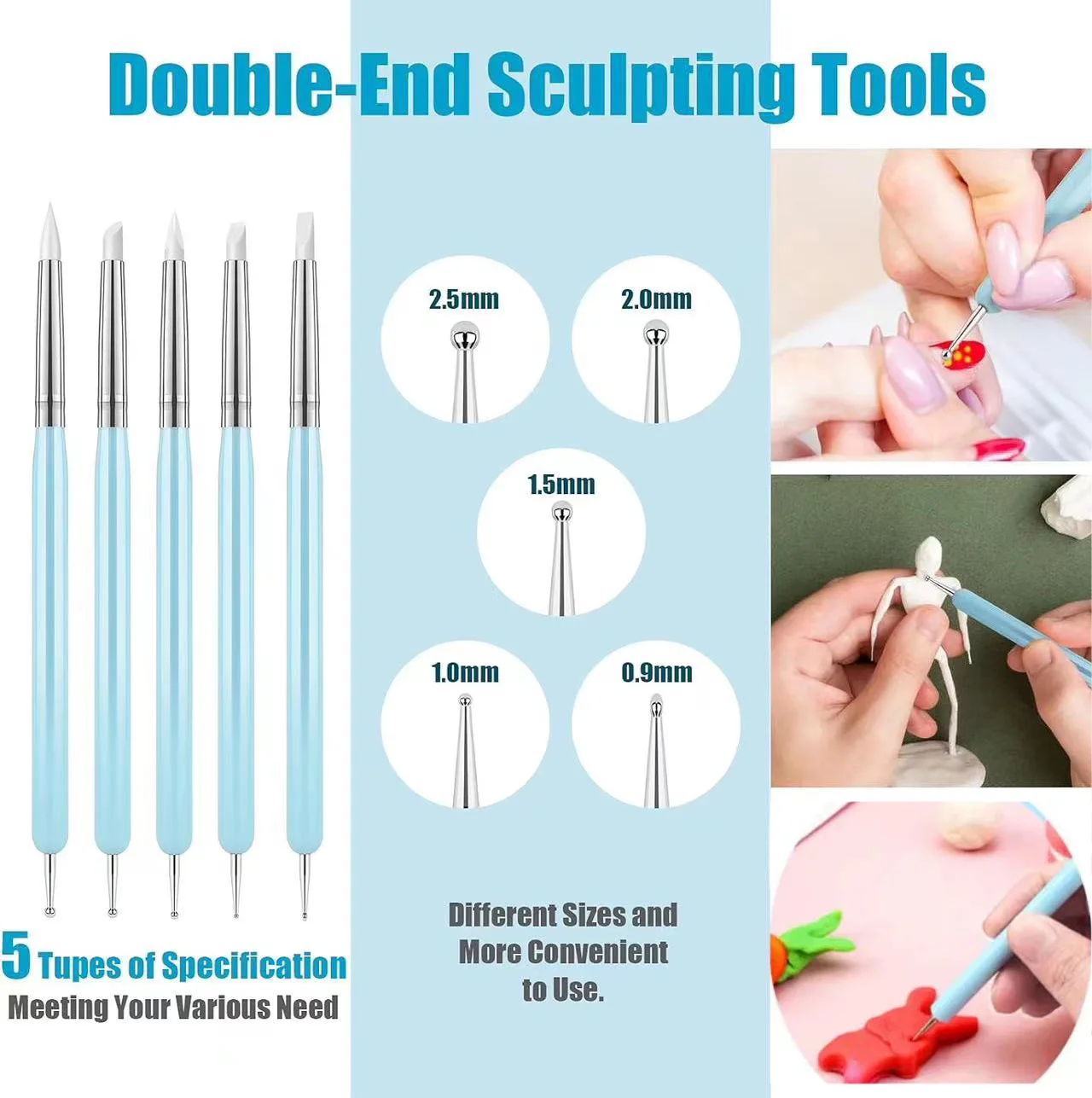 5pcs Double End Silicone Clay Sculpting Tool for Brush Modeling Dotting Nail Art Pottery Clay Tool DIY Carving Sculpting Tools