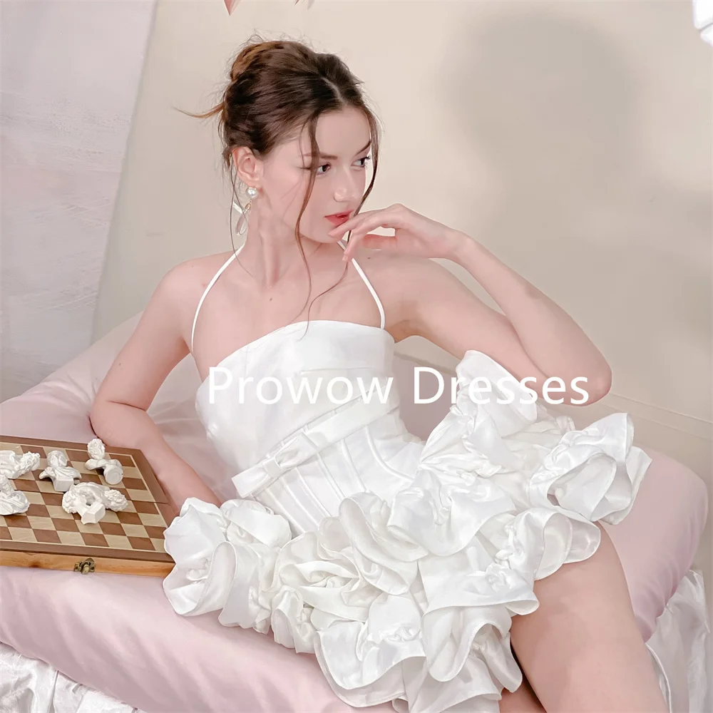 Prowow Sexy Ivory Puffy Mini Prom Cocktail Dresses Pleats Satin Ruffles A Line Wedding Party Dress Halter Formal Gown