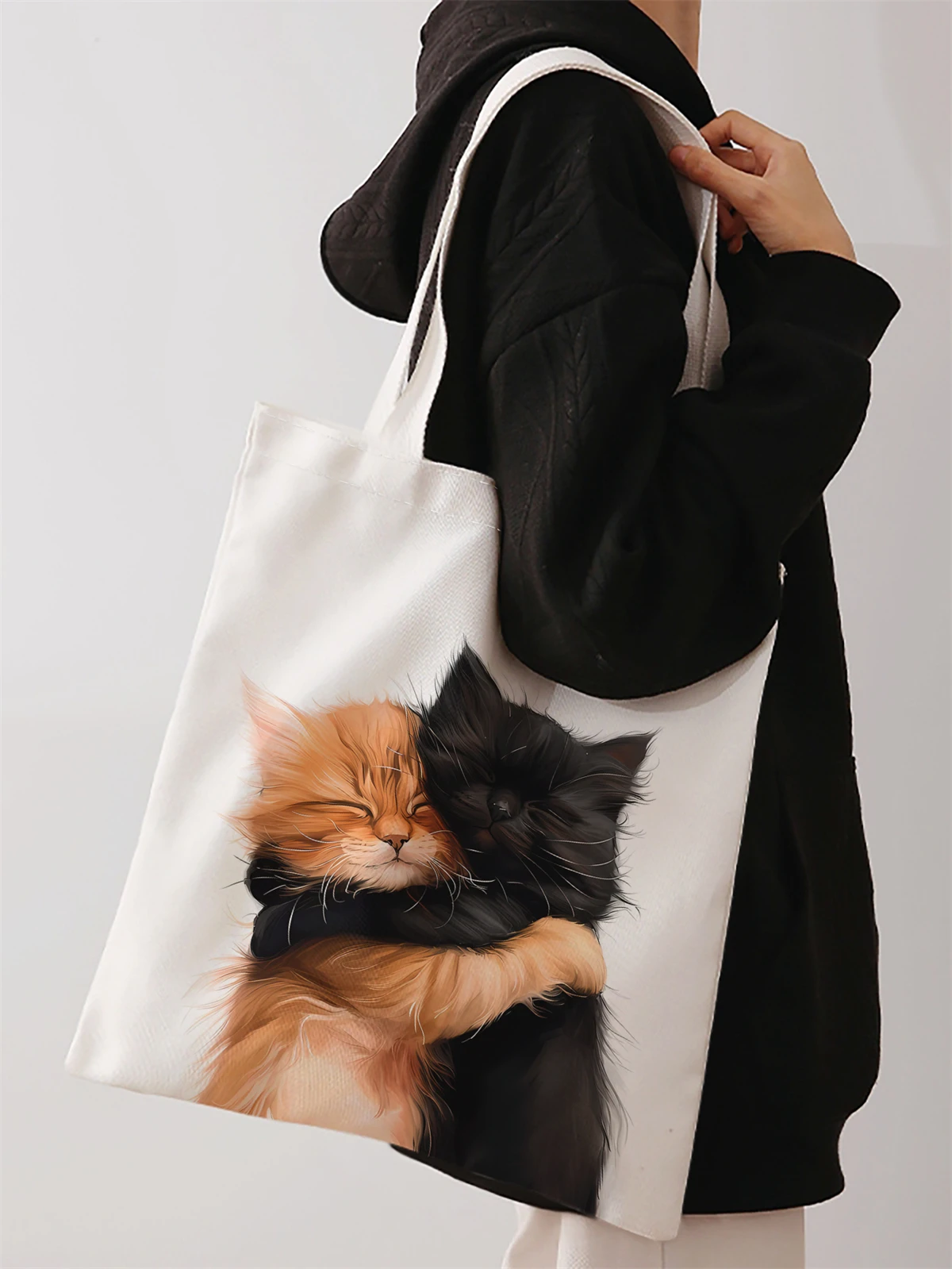 Cat pattern printed casual handbag, reusable fashionable backpack, multifunctional handbag, canvas shopping bag