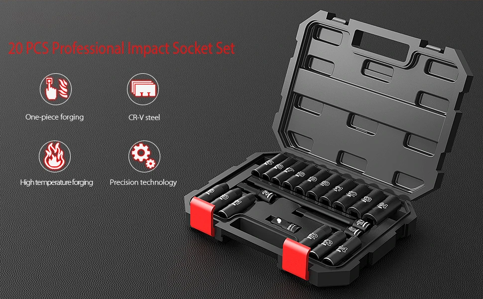 

METERK 20pcs 1/2" Drive Metric Impact Socket Set Metric Drive 9-24mm Deep Socket Wrench For Air Pneumatic Repair Tools