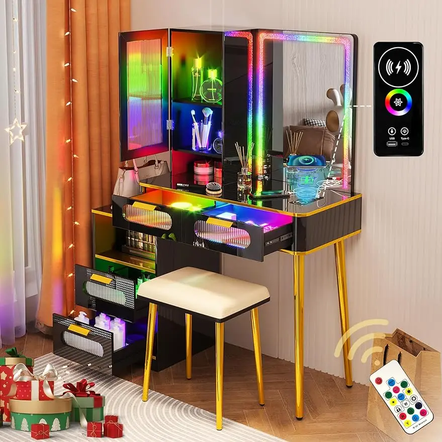 

HNEBC RGB Vanity Desk with Mirror and Lights, LED Vanity Table Set with Wireless Charging Station/Body Sensor, Make up Vanity wi