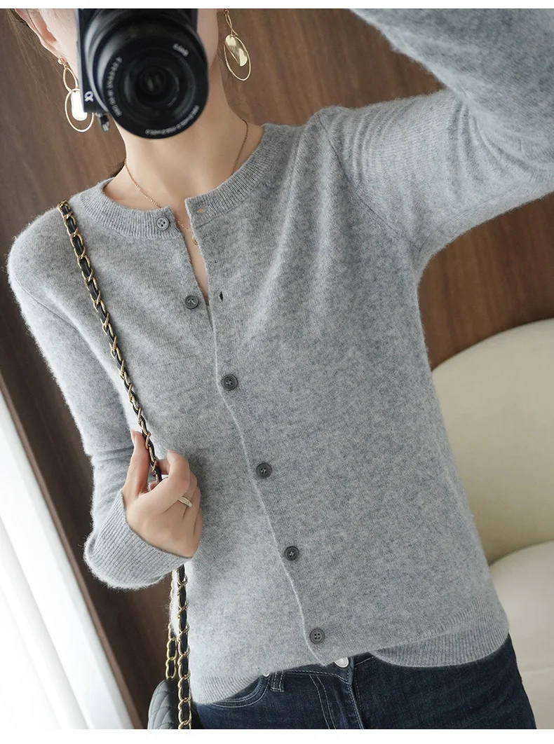 2022 Spring and Autumn 100% Pure Wool Cardigan Coat Women's Round Neck Top Cashmere Sweater Knitted Bottoming Shirt Outer Tower ugly christmas sweater