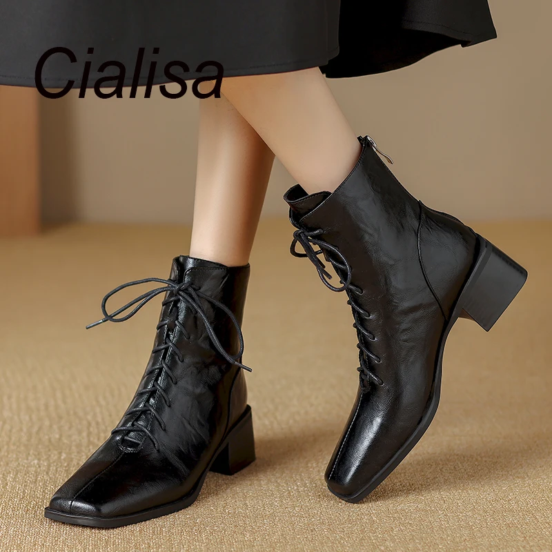 

Cialisa Vintage Short Boots For Women Square Toe Genuine Leather Fashion Mid Heels Shoes Lady Ankle Boots Size 42 Autumn Winter