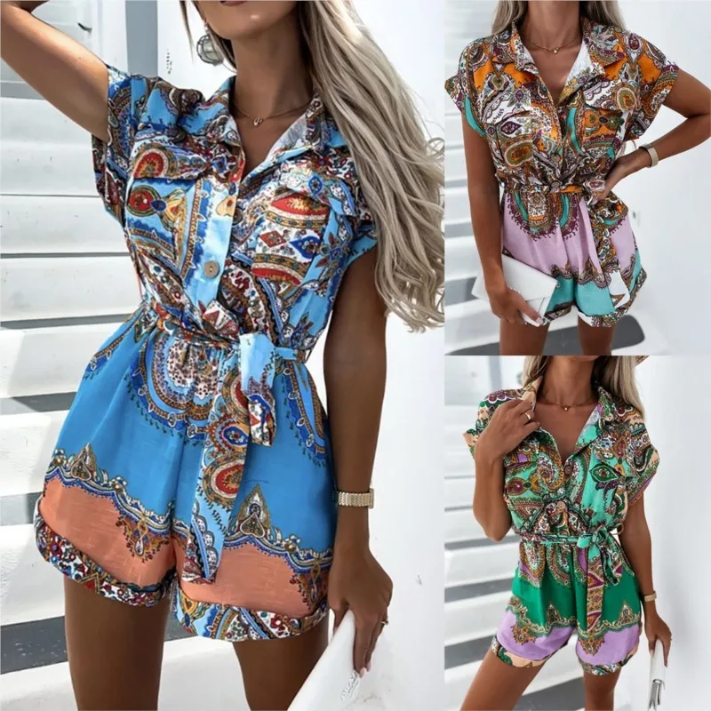 

Printed Vintage African Clothing Women 2023 Summer Short Sleeved Jumpsuit Fashion High Waist Straight Shorts Street New Arrival