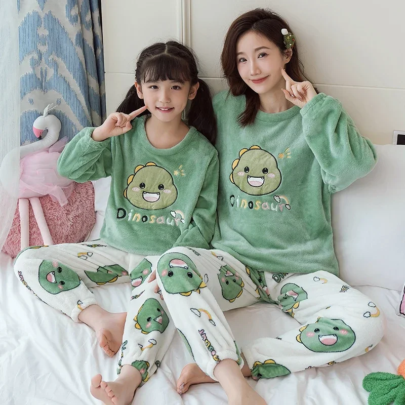 

Cute Dinosaurs Pyjamas Winter Coral Fleece Pajama Sets for Family Warm Flannel Thicken Homewear Mother Daughter Sleepwear Suit