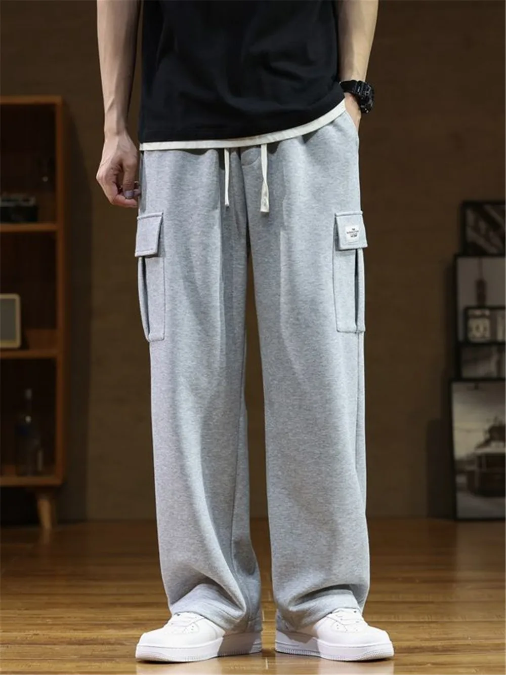 

Спортивные брюки мужские на завязках, повседневные спортивные штаны, с множеством карманов, блестящие прямые брюки свободного покроя, 8XL, весна-осень