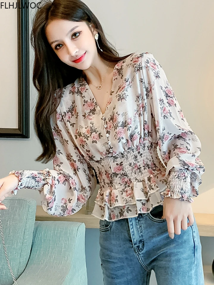 Yihaojia Women's Floral Blouse - Long Sleeve Loose Fit V-Neck Pleated Tunic Top