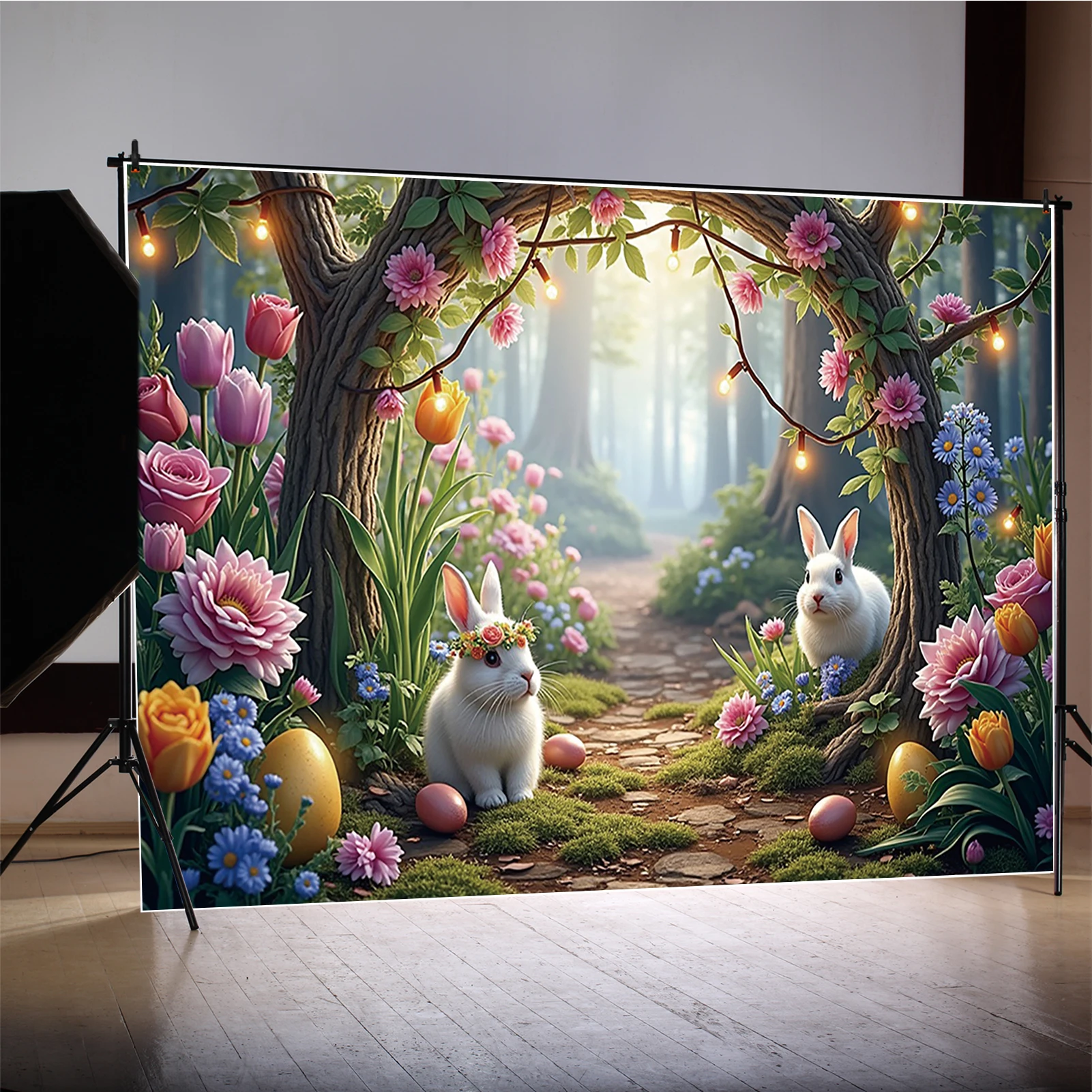 Garden Easter Background Photography Rabbit Bunny Doll House Flower Garland Wreath Backdrop Wooden Wall Studio Photozone