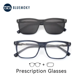 BLUEMOKY Mens Square Prescription Glasses with Clip On Sunglasses Acetate Frame for Driving