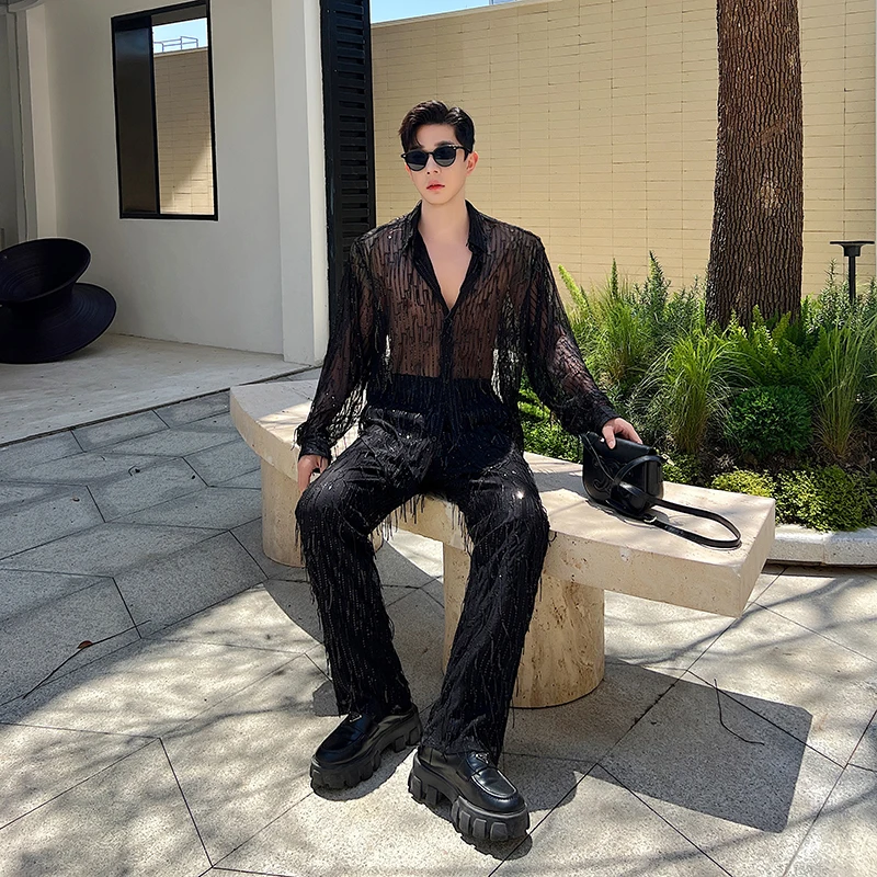 Fashion Solid Color Long Sleeve Clothes Loose Comfortable Pants Men Women Tassel Sequin Shiny Trendy Shirt Two-Piece Sets 4