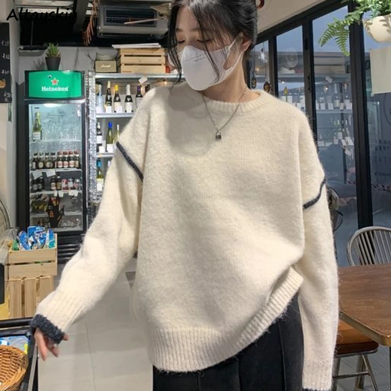 

Pullovers Women Lazy Panelled Loose Soft Casual Autumn Knitted Gentle Korean Style Aesthetic O-neck Cozy Fashion Sueter Mujer