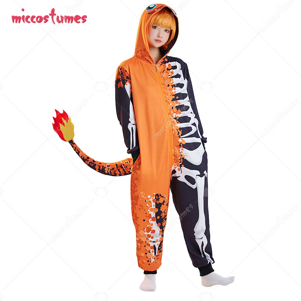 

Women Onesie Pajama Loungewear Half Skeleton Half Flame Dragon Pattern Prints Adult Hooded Onesie Homewear Kigurumi Sleepwear