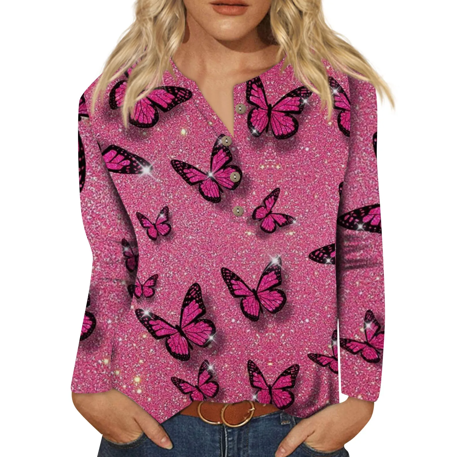 

Blouse Women Party Shinny Butterfly Printed With Button Long Sleeve Skin-Friendly Suit For Ladies Party Blouse Camisetas