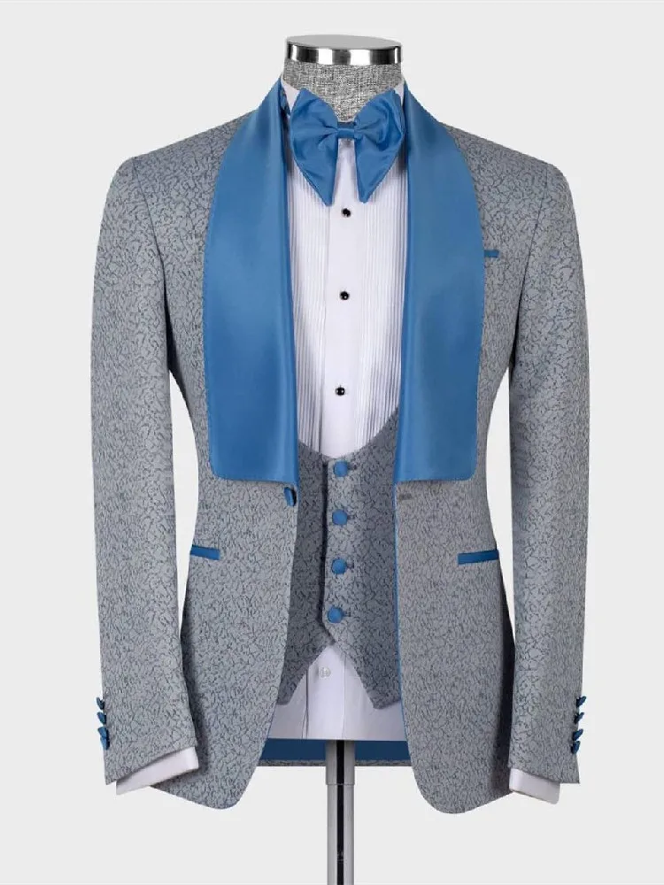 

Jacquard Men's Suit 2 Pieces Gray Blazer Vest One Button Satin Blue Sheer Lapel Business Wedding Groom Tailored Costume Homme