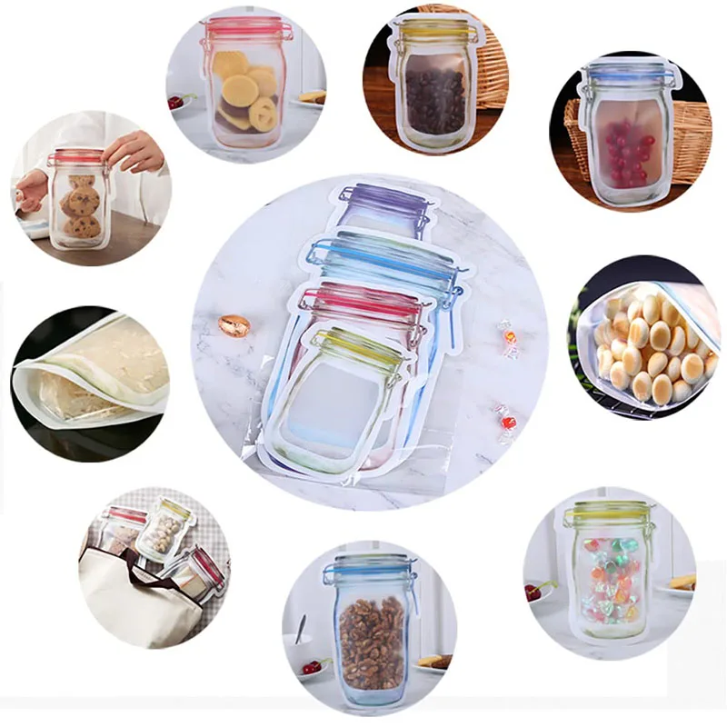 Household Food Sealed Bag Mason Bottle Shaped Zip-Lock Bag Fresh-Keeping Moisture-Proof Portable Sealing Pocket Free Combination Fresh Keeping Bags Food Storage Bags Plastic Food Storage Bags Plastic Zip Lock Bags