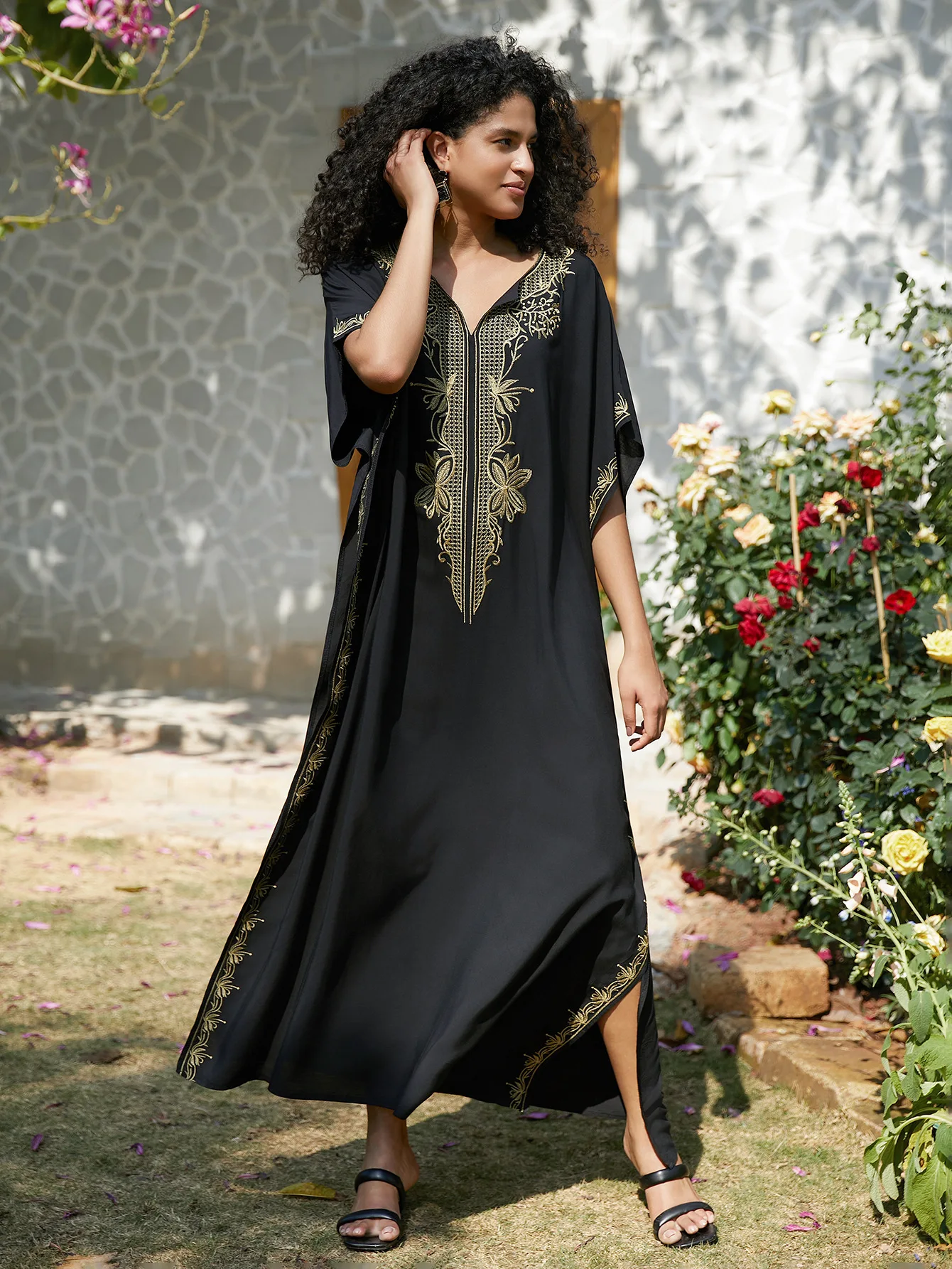 Swimsuit Cover Ups Embroidery V Neck Short Sleeve Swim Cover Up for Women Kaftan Dresses 1