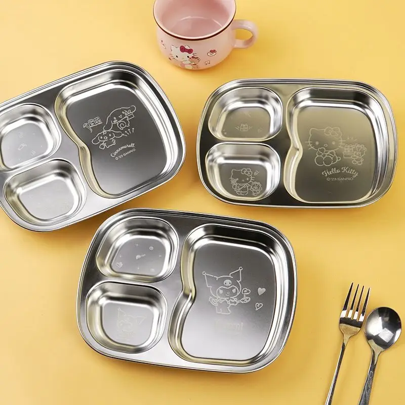 

Cute Sanrio Tableware Cinnamoroll Kuromi My Melody Kawaii Children Cartoon Student Stainless Steel Separate Plate Toys Girls